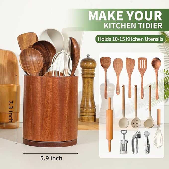 Wooden Utensil Holder, 360°Rotating 7.3'' Large Utensil Holder for Kitchen Counter, Kitchen Utensil Organizer, Utensil Crock, Farmhouse Kitchens Countertop Decor, Sapele Wood