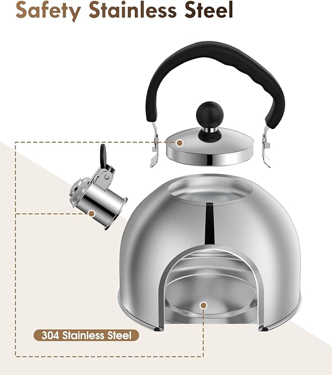 Tea Kettle for Stove Top - Stainless steel Teapot,2 Quart Camping Kettle, Efficient Heating, Audible Whistle, Safe Handle - Hot Water kettle & Tea Pot Stovetop (Silver)
