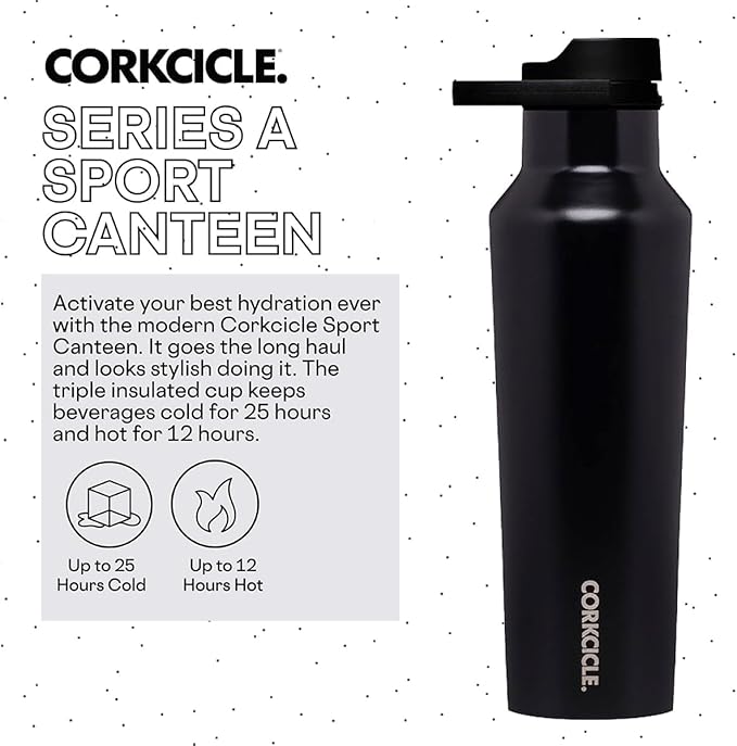 Corkcicle Sport Canteen Insulated Tumbler, Gloss Black, 20 oz – Reusable Water Bottle Keeps Beverages Cold for 25 Hours & Hot 12 Hours – Cupholder Friendly Tumbler with Screw-On Cap