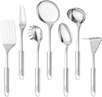 Stainless Steel Cooking Utensils 7PCS Kitchen Utensils Set, Heat Resistant Handle Utensils Set Included Ladle, Meat Fork, Slotted Spatula, Pasta Fork, Masher, Solid Spoon, Skimmer Spoon