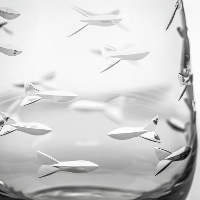 Rolf Glass School of Fish Clear Stemless Wine Glass | Set of 2 Stemless Glasses | 15oz Glass Tumblers | Engraved Lead-Free Coastal Glassware | Made in the USA