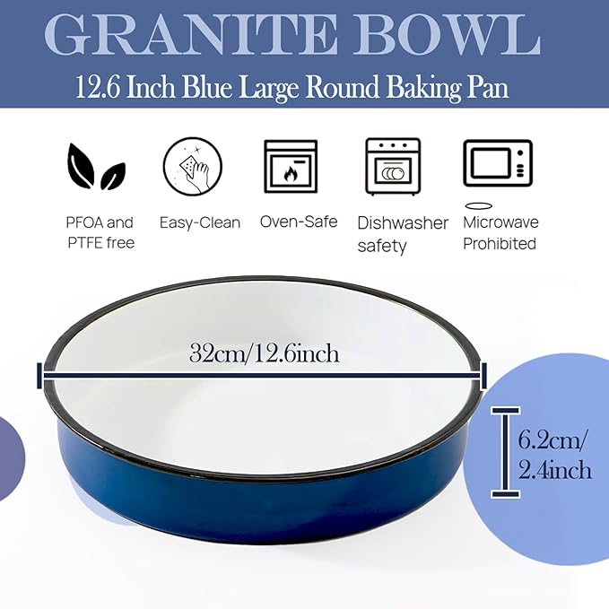 12 Inch Enamel Roasting Pan for Induction Cooktops - Heavy Duty Round Baking Pan for Thanksgiving Turkey Christmas Ham Lasagna & Pizza Dishwasher Safe Oven Broiler & Stovetop Pan