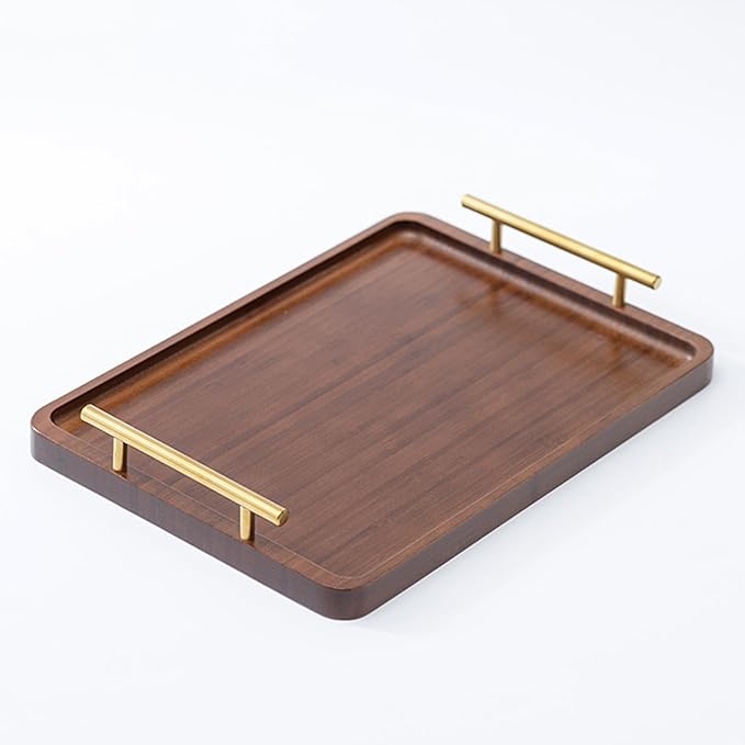 Bamboo Serving Tray with Gold Handles, Food Tray for Breakfast,Coffee Table,Dinner & Bar, Decorative Tray for Kitchen, Bedroom (Large)