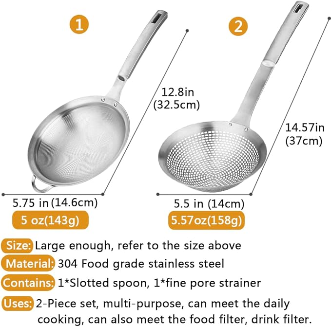 Fine Mesh Stainless Steel Metal With HoleSieve Food Strainer Grease Spider Skimmer And With Handle Large Holes Slotted Colander Frying Spoon Set,Handheld For Kitchen Cooking And Filter Food Residues