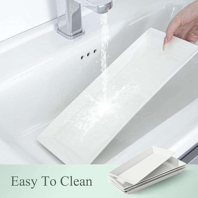 Rectangular Ceramic Serving Platters Set of 4, 14 inch Large Porcelain Serving Plates, White Appetizer Trays, Dishwasher Safe Plates for Steak, Charcuterie, Thanksgiving Turkey, Desserts