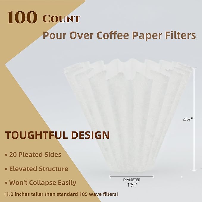 Pour Over Coffee Paper Filters 100 Count, Designed for Stagg XF, Kalita 185, Brumate & Chemex 6-Cup Pour Over Brewers, White Disposbale Coffee Filters Large Cone Shape Dripper Accessories