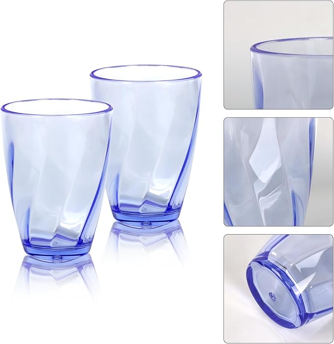 Topsky 12-ounce Plastic Water Tumblers | Set of 4 Transparent Unbreakable Drinking Glasses Clear Acrylic Reusable Juice Wine Cups for Home Picnic Party, Dishwasher Safe, Stackable,Blue