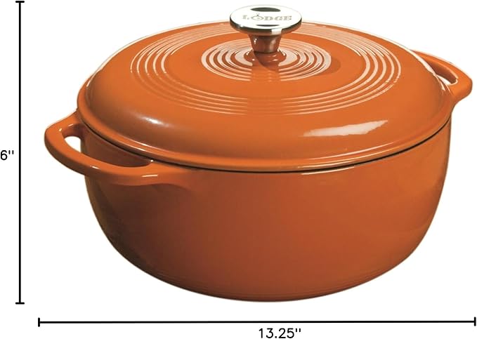Lodge 6 Quart Enameled Cast Iron Dutch Oven with Lid – Dual Handles – Oven Safe up to 500° F or on Stovetop - Use to Marinate, Cook, Bake, Refrigerate and Serve – Pumpkin
