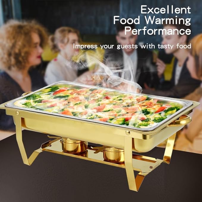 Chafing Dish Buffet Set with Gold Frame, 9 Quart Capacity, 4 Pack, Full Size Chafers