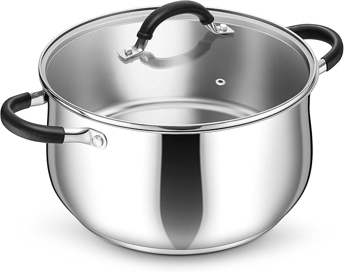 P&P CHEF Stainless Steel Stock Pot, 8 Qt Cooking Soup Pot with Visible Lid for Pasta, Tri-Ply Bottom & Dual Heatproof Handles, For Induction Gas All Stoves, Non-Toxic & Dishwasher Safe