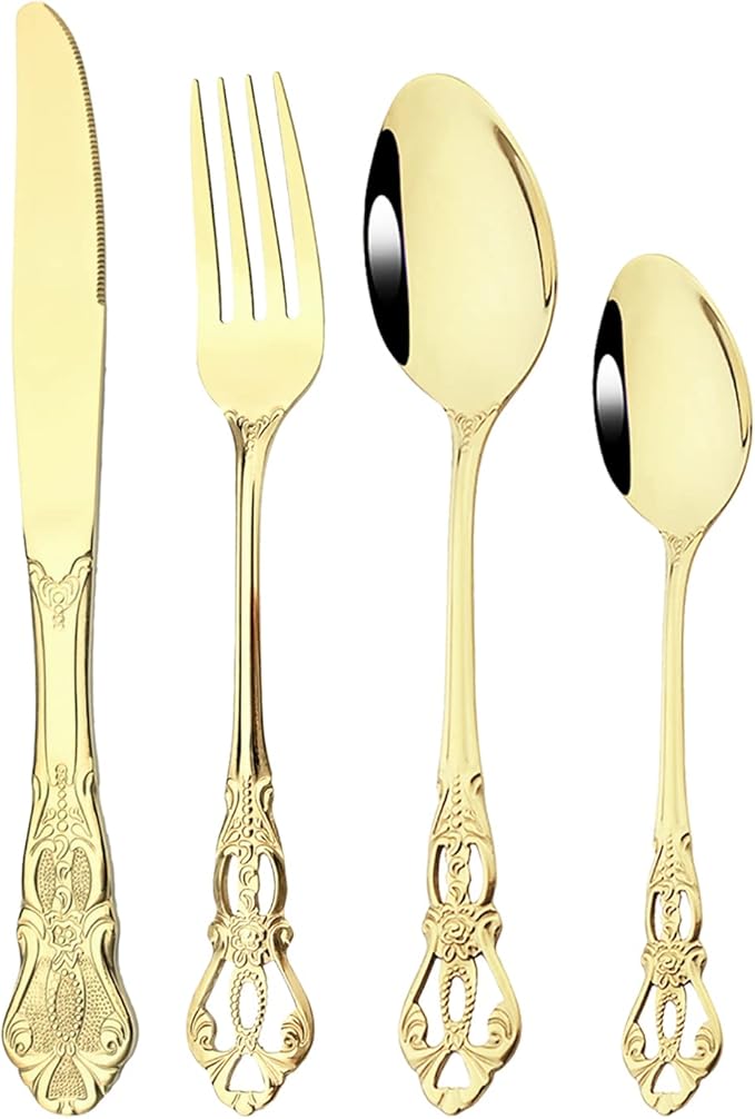 Royal 24-piece Mirror Champagne Gold Silverware Dinnerware, 18/10 Stainless Steel Luxury Flatware Service For 6 Include Knives/Forks/Spoons/Teaspoons, Dishwasher Safe