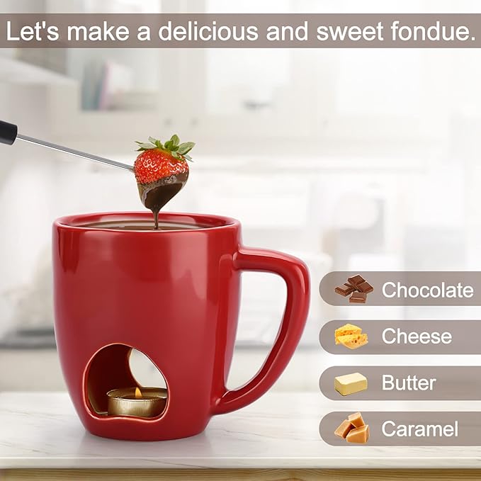 BSTKEY 230ML Personal Chocolate Fondue Mug Set, Ceramic Butter Warmer Set, Mini Melt Hot Pot Cup Set for Cheese Chocolate Butter Caramel, with 2 Forks (Red)