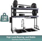 MAJALiS Over Sink Dish Drying Rack, Stainless Steel 2 Tier Large Dish Drainer Above Sink Adjustable 27.5" - 34.6", Expandable Kitchen Counter Organizer Storage Shelf with 6 Hooks