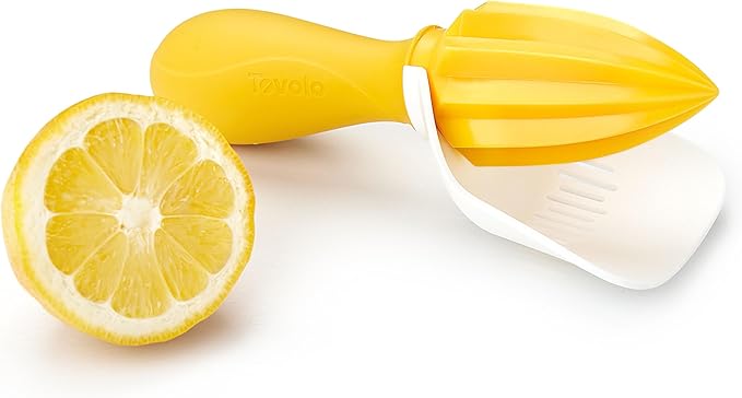 Tovolo Citrus Reamer with Seed Catcher, White & Yellow – Ergonomic Handheld Juicer for Lemons, Limes, Oranges, BPA-Free, Dishwasher Safe