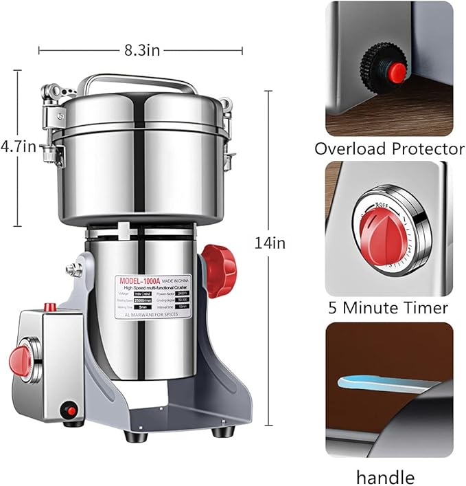 Electric Grain Grinder Mill 1000g High-speed Spice Herb Mill Commercial Powder Machine for Dry Cereals Grain Herb Spice Coffee Corn Bean (1000g Stand Type)