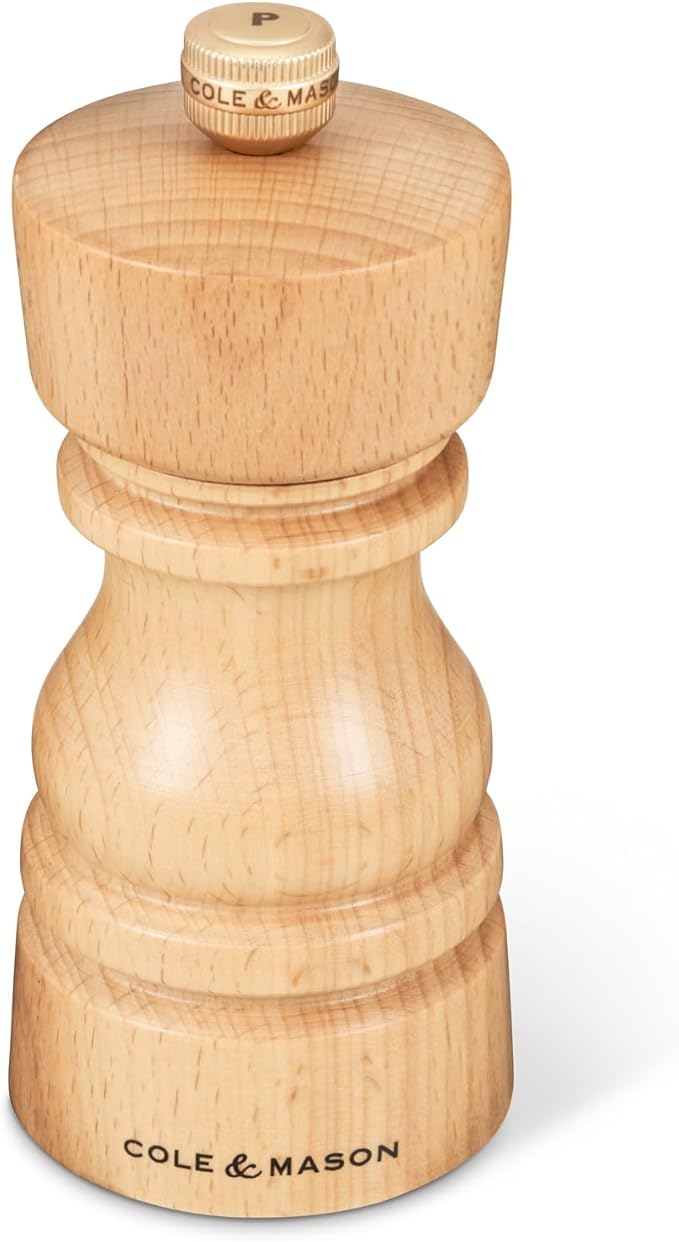 Cole & Mason London Refillable Spice Mill - Kitchen & Home Accessory - Table Black Pepper Grinder - Pepper Mill with Carbon Steel Mechanism - 5", Natural Beech