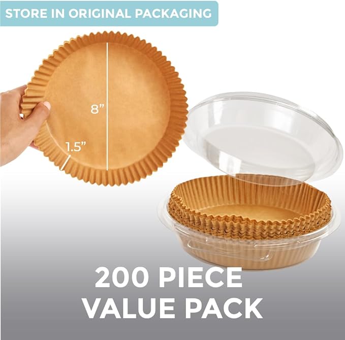 KITCHEN GENIE BPA-Free Non Stick Air Fryer Liners Disposable, Fits 5-8 QTS, 200 PCS, Easy Cleanup Unbleached Parchment Paper Inserts, Airfryer Basket Sheets, Compatible with Most Fryers, 8 Inch Round