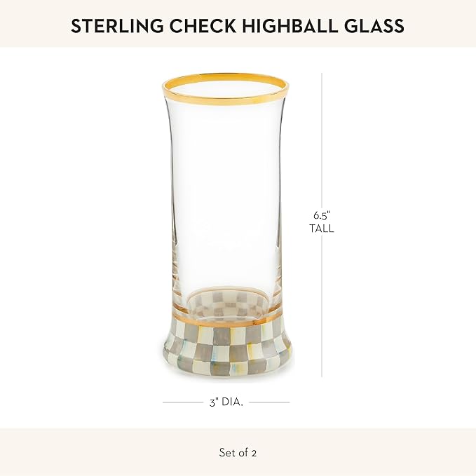MACKENZIE-CHILDS Highball Glasses, Tall Drinking Glasses with Gold Rims, 15 Ounces, Set of 2, Gray-and-White Sterling Check