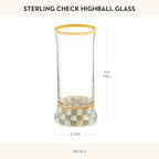 MACKENZIE-CHILDS Highball Glasses, Tall Drinking Glasses with Gold Rims, 15 Ounces, Set of 2, Gray-and-White Sterling Check