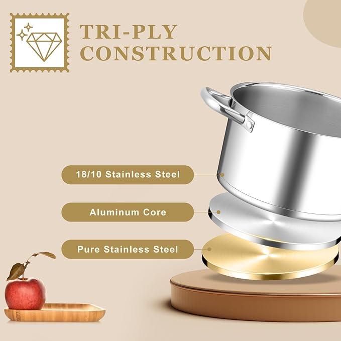 Leonyo Small Stock Pot, 4 Quart StockPot with Visible Lid for Soup Pasta Vegetable, 18/10 Stainless Steel Cooking Pasta Soup Pot for Induction Ceramic Gas Stoves, Tri-Ply Bottom & Dishwasher Safe