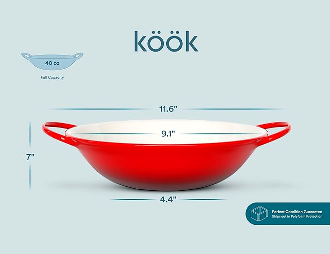 KooK Stir Fry Bowl, Wok Dish, Classic Thai, Ceramic Mini Wok, Stoneware Serving Bowls, For Soups and Pastas, Oven, Dishwasher and Microwave Safe, Cherry Red, 40 oz, Set of 2