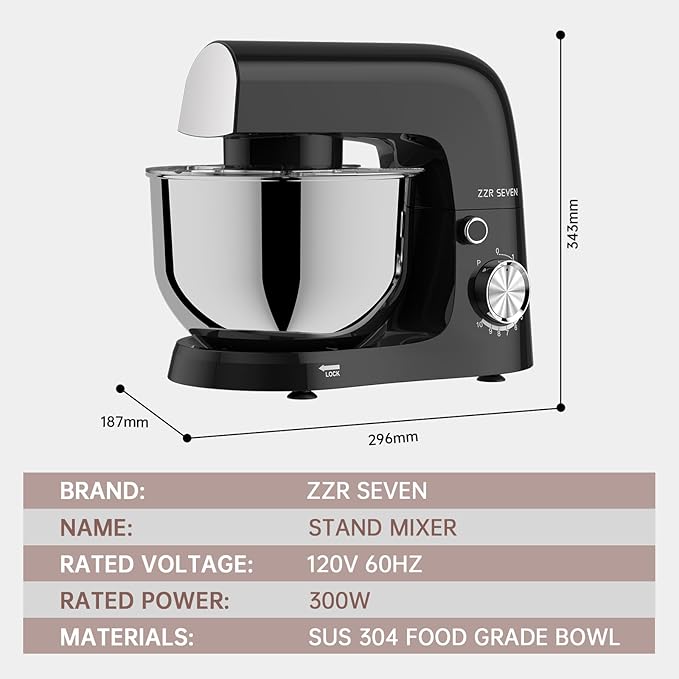 Stand Mixer, 5.5 Quart, 10 Speed Tilt-Head Food Mixer, Kitchen Electric Mixer with SS Bowl, Copper Motor, Beater, Dough Hook, SS Egg Whisk (300W Black)