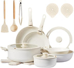 ROVSUN 22 Pcs Nonstick Pots and Pans Set, Cast Aluminum Kitchen Cookware Set with Detachable Handles, RV Kitchen Cooking Set and Utensils, Dishwasher Safe, PFAS PFOA & PFOS Free, Cream White