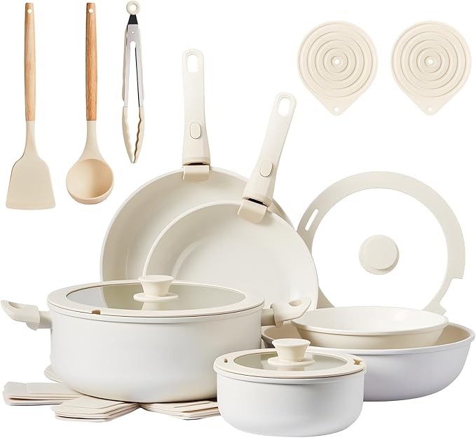 ROVSUN 22 Pcs Nonstick Pots and Pans Set, Cast Aluminum Kitchen Cookware Set with Detachable Handles, RV Kitchen Cooking Set and Utensils, Dishwasher Safe, PFAS PFOA & PFOS Free, Cream White