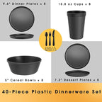 Plastic Dinnerware Sets – 40-Piece Plates and Bowls Sets with Cups, Knives, Forks and Spoons, Dishes Set for 8, Reusable Unbreakable Kitchen Dishware for Apartment, Camping, Outdoor, Black