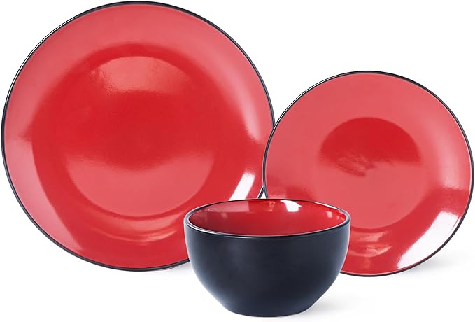 Plates and Bowls Sets for 4 - CJDC-QUELO 12-Piece Stoneware Dinnerware Sets, Ceramic Dishware Set for Indoor Kitchen Use and Formal Dining, Chip and Scratch Resistant Microwave Dishwasher Safe, Red