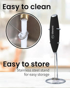 Elementi Milk Frother Wand & Drink Mixer with Stand - Turbo Milk & Coffee Frother Handheld - Hand Held Coffee Mixer Wand & Cold Foam Maker for Frothy Cappuccinos, Lattes & Drink Mixes at Home - Black