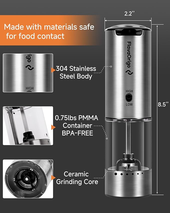 USB-C Rechargeable Electric Salt & Pepper Grinder Set - External Adjustable Coarseness (6 Settings), Large Capacity, Dual-Speed Control, One-Hand, LED, Stainless Steel (2 Pack)