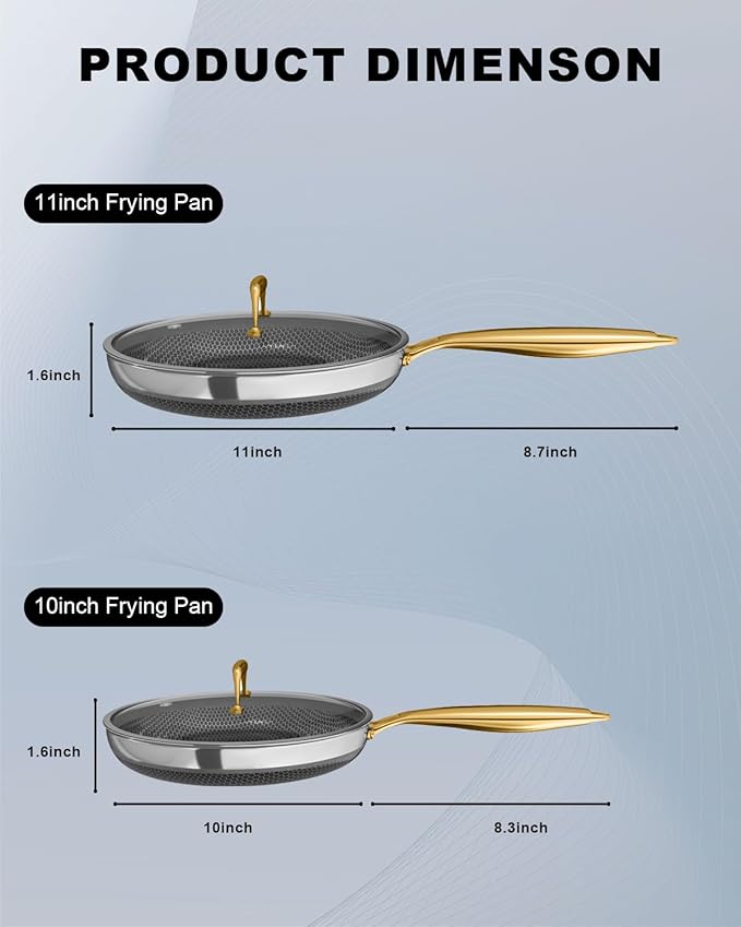 Fogdream 10“11” Stainless Steel Pan, Non Stick Frying Skillet with Lid, Tri-Ply Stainless Steel for All Cooktops, Dishwasher and Oven-Safe Cooking Pan, Stay-Cool Handle, Gold