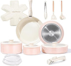 Chef Power Ceramic Nonstick Pots and Pans Set 19 Piece with Detachable Handle, Induction Dishwasher Oven Safe Cookware Set, RV Kitchen Set Removable Handle (Light Pink)