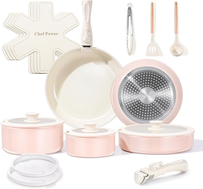 Chef Power Ceramic Nonstick Pots and Pans Set 19 Piece with Detachable Handle, Induction Dishwasher Oven Safe Cookware Set, RV Kitchen Set Removable Handle (Light Pink)