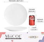 Miicol Ceramic Dinner Plates Set of 4, Large Salad Plate 10.5 inch, White Flat Dish, Porcelain Serving Dishes for Pasta, Steak, Dessert, Microwave and Dishwasher Safe, Scratch Resistant