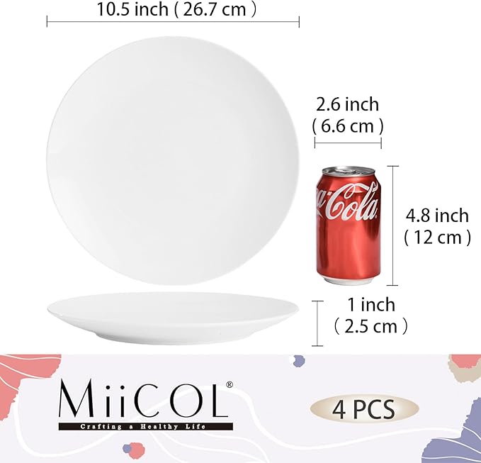 Miicol Ceramic Dinner Plates Set of 4, Large Salad Plate 10.5 inch, White Flat Dish, Porcelain Serving Dishes for Pasta, Steak, Dessert, Microwave and Dishwasher Safe, Scratch Resistant