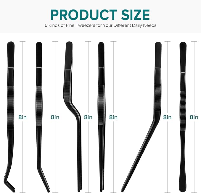 Kitchen Tweezer Tongs Set,6 Pcs Kitchen Tweezers,8" Cooking Tweezers Set,Stainless-Steel Food Chef Culinary Tweezers Tongs for Baking Decorating Feeding Plating,Black