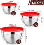 P&P CHEF Red Mixing Bowls with Lids, Set of 3, Stainless Steel Salad Nesting Bowl for Mixing, Storing, Prepping, Airtight & Stackable, Size 4.6/3 /1.5 QT