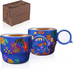 Ceramic Espresso Cups Set of 2 – Mini 3 oz Double Espresso Coffee Cups with Cute Q Handle, Floral and fruit Patterns, Small Blue Demitasse Shot Cups for Coffee Machine
