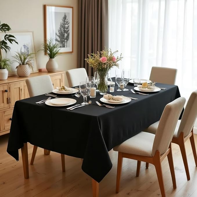 sancua Rectangle Tablecloth - 90 x 132 Inch - Water Resistant Spill Proof Washable Polyester Table Cloth, Decorative Fabric Table Cover for Dining Tables, Buffet Parties and Camping, Black