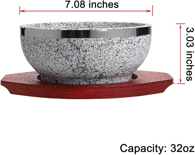 MDLUU Dolsot Bibimbap Bowl 32 Oz, Granite Stone Bowl with Wood Base, Dolsot Pot for Korean Soup, Rice and Stew