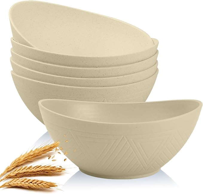 Homienly Salad Bowls Set of 6, 60 OZ Large Wheat Straw Bowls for Kitchen, Camping, Party, Unbreakable Lightweight Popcorn Bowl, Microwave and Dishwasher Safe Bowl Set with Unique Texture - Beige