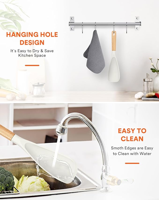 Cooking Spoon for Nonstick Cookwares, Great for Cooking and Serving Sturdy BPA-Free Matte Silicone, Wood Handle Spoon for Mixing, Scoop, and Scrape (WHITE)