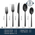 KINGSTONE Black Silverware Set, 20-Piece Forged Flatware Set Cutlery Set Premium Stainless Steel, Service for 4, for Kitchen, Home, Wedding, Party, Mirror Polished and Dishwasher Safe