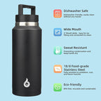 BJPKPK Insulated Water Bottles, Dishwasher Safe 36 oz Water Bottle with Handle, Leakproof BPA Free Water Jug, Stainless Steel Thermos for Sports, Black