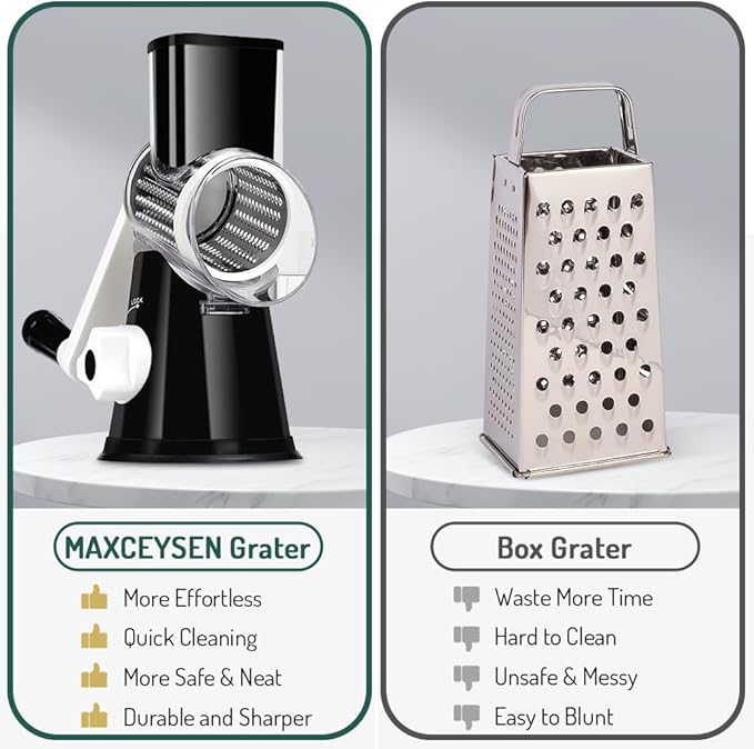 Rotary Cheese Grater with Handle Vegetable Shredder Round Kitchen Slicer Mandoline Grater for Vegetable, Nuts, Chocolate, Chesse, White, 3 Stainless Steel Blades