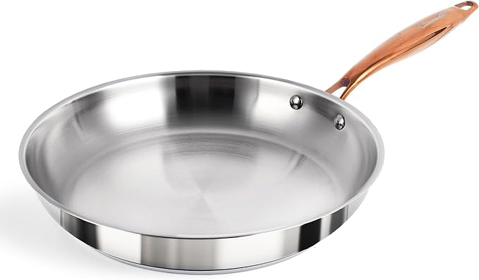 12 Inch Tri-Ply Stainless Steel Frying Pan with Brass Cool Handle, Professional Quality Skillet Suitable for All Stove, Oven and Dishwasher Safe, PFOA PTFE PFOS Free, Fast and Even Heating