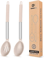 Pack of 2 Large Silicone Cooking Spoons,Non Stick Solid Basting Spoon,Heat-Resistant Kitchen Utensils for Mixing,Serving,Draining,Stirring (STAINLESS STEEL KHAKI)