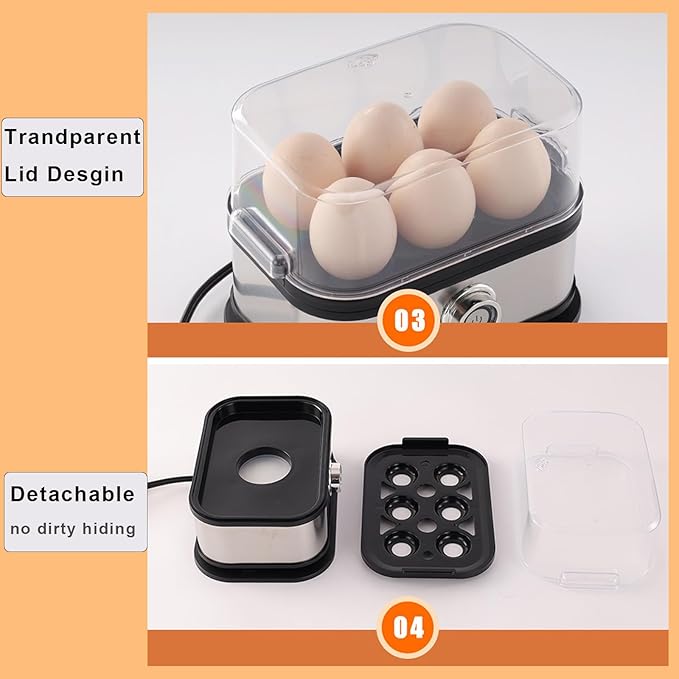 Rapid Egg Cooker, 6 Eggs Capacity Egg Boiler, Hard, Medium, Soft Boiled Egg Poacher with Auto Shut-Off and Alarm, Stainless Steel Electric Egg Steamer for Home Kitchen (Black)